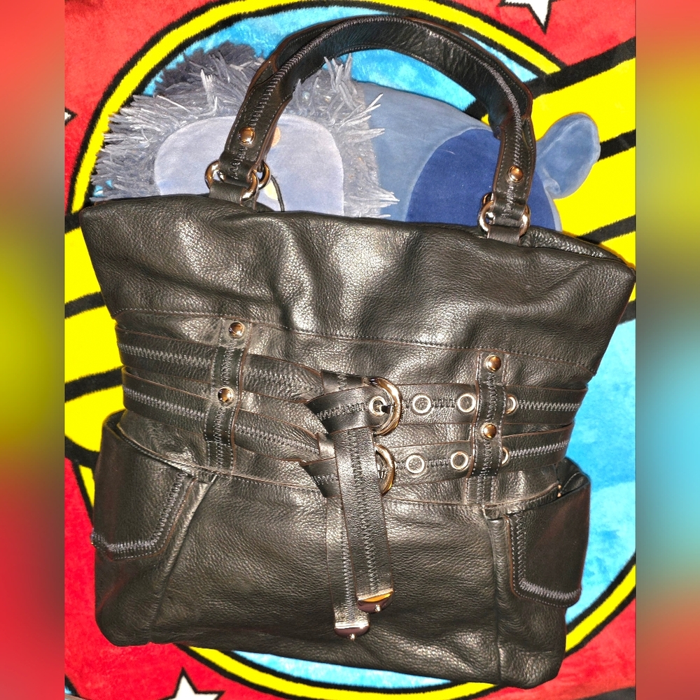B. Makowsky Black Leather "Baddie" Tote Bag